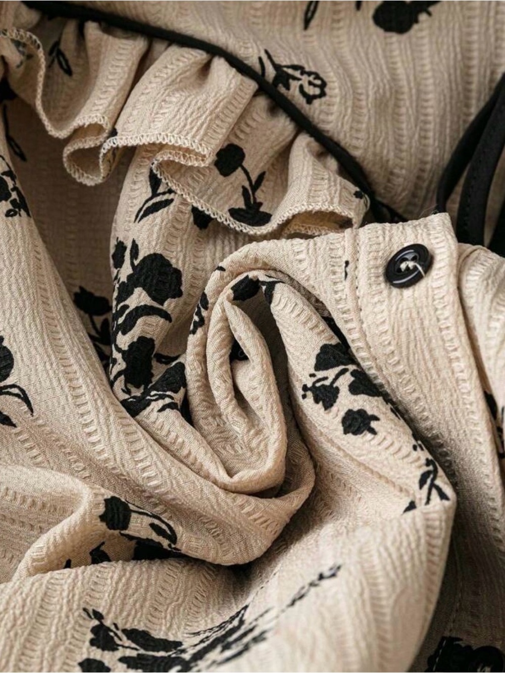 Women’s Floral Ruffle Tie-Neck Blouse - Beige with Black Print - Picture 3 of 3